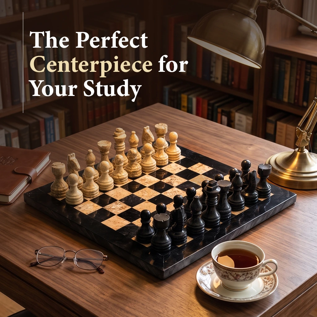 Premium quality marble chess set, black and fossil coral, handmade 12-inch board with weighted pieces.