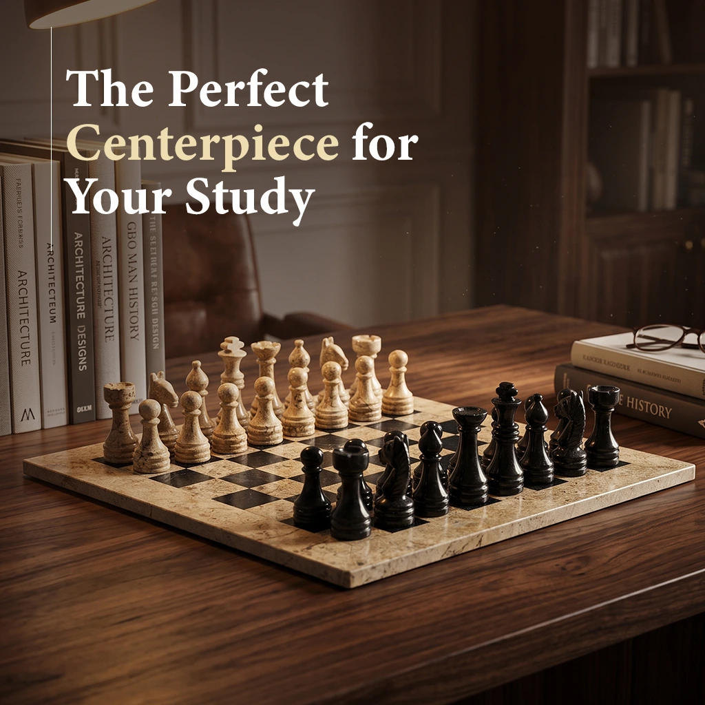 High-quality marble chess set with coral and black pieces on a polished wooden desk, perfect for a study.
