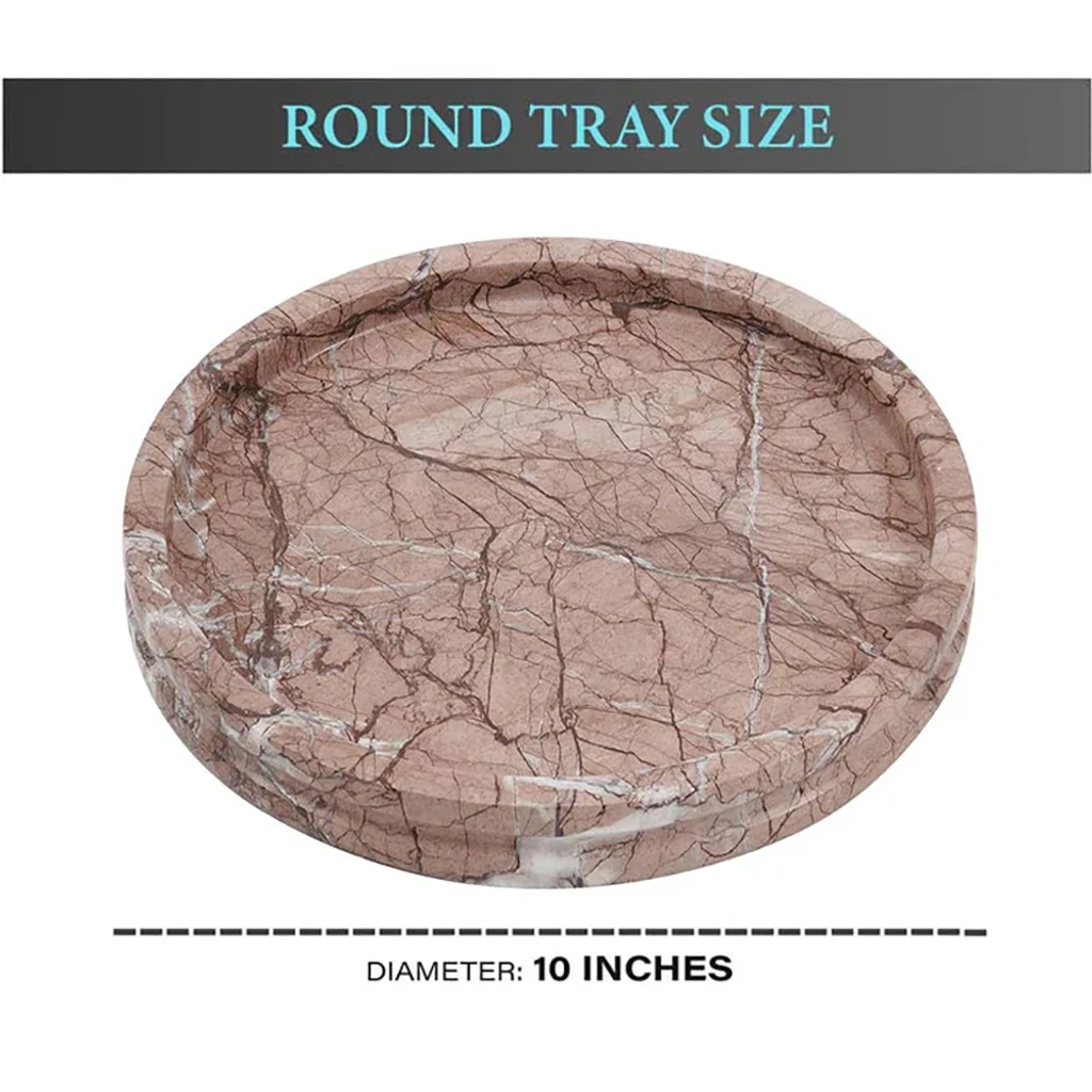 Marinara natural marble handmade round serving tray, 10-inch diameter, featuring unique veining and a sturdy design.