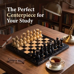 Premium quality marble chess set, black and fossil coral, handmade 12-inch board with weighted pieces.